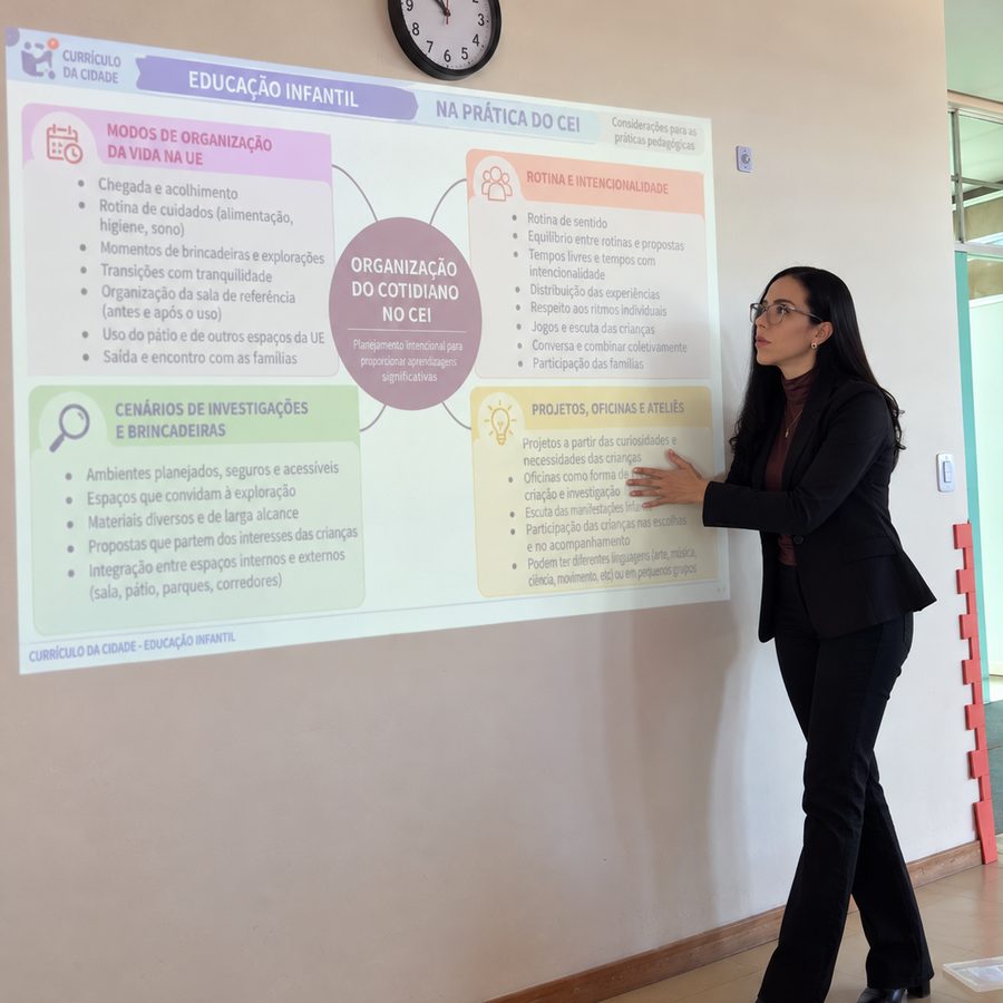Joana conduzindo uma formação, apontando para um slide sobre organização do cotidiano no CEI